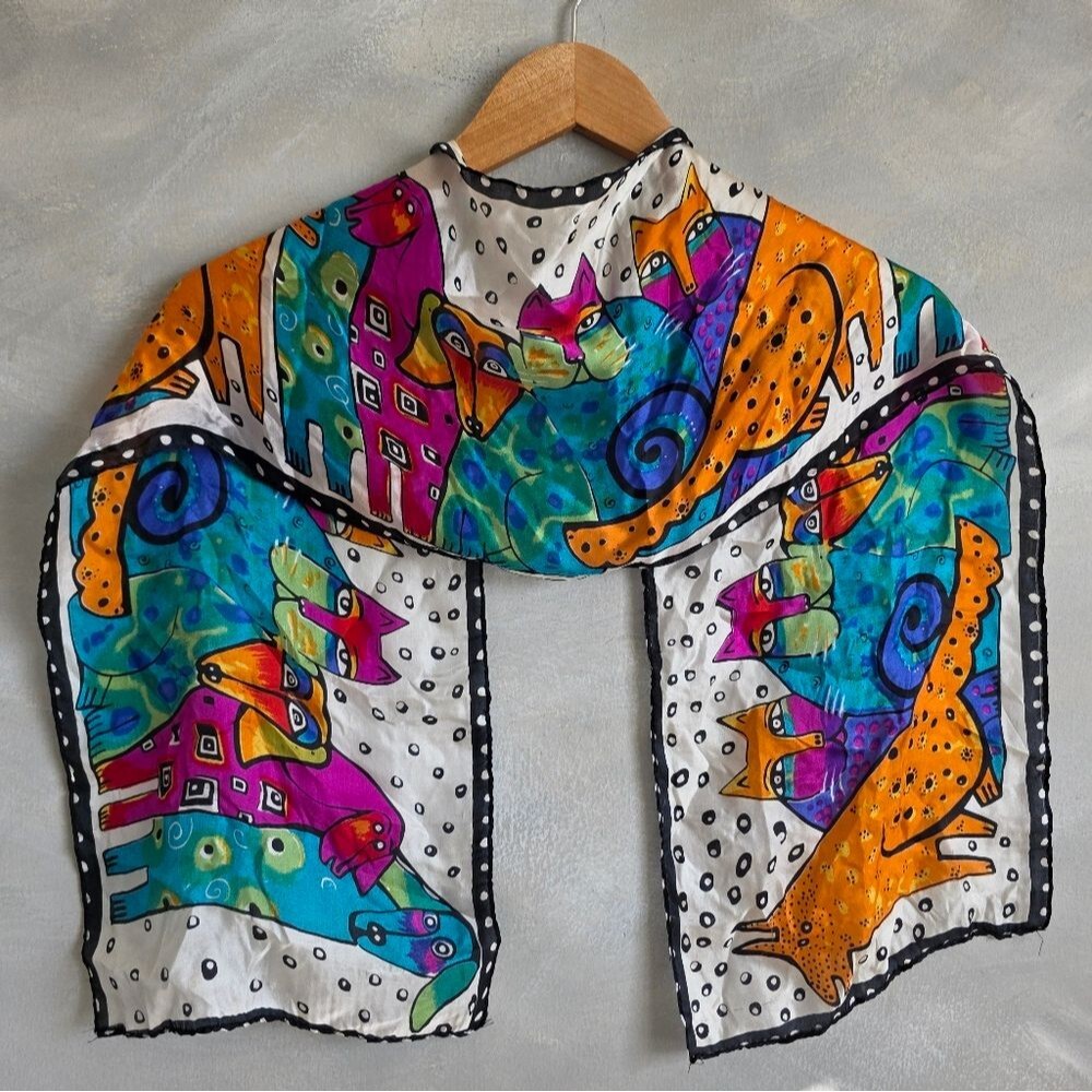 Cat Theme Silk Scarf 10" x 50" Dog Theme Whimsical Design Pink Turquoise Orange